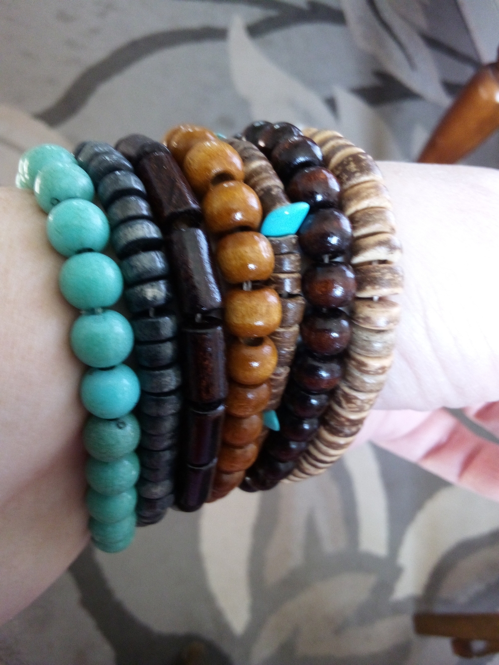 Native Turquoise & Wood Bead Bracelet Stack - Blue and Brown